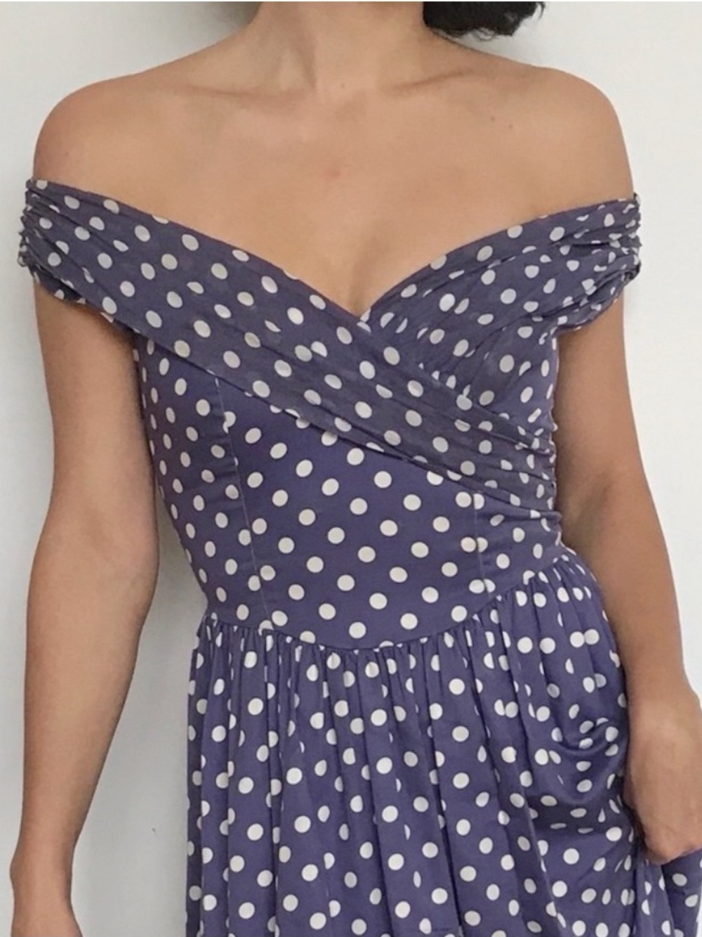 vintage retro polka dot dress purple blue white 50s 80s off shoulder gathered xs